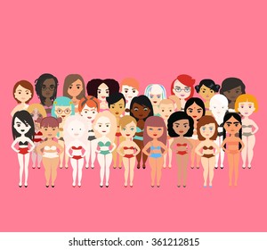 Vector colorful set of different girl with features of appearance in underwear. Body positive model. Love your individuality.