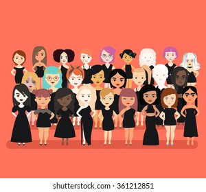 Vector colorful set of different girl in black dress. Body positive model. Love your individuality.