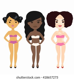 Vector colorful set of different girl with features of appearance in underwear. Body positive model on the summer beach.