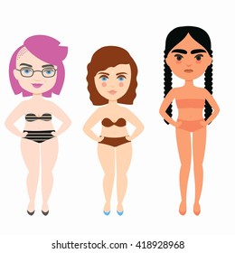 Vector colorful set of different girl with features of appearance in underwear. Body positive model on the summer beach.