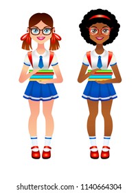 Vector colorful set of different nationalities kids going to school with books at hands. Illustration of smiling girl wearing school uniform, glasses and backpack behind.