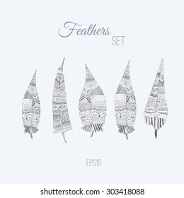 Vector colorful set of doodle tribal feathers. Creative design for card, web design background, book cover.EPS10 