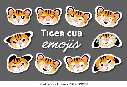 Vector colorful set of emoji stickers with tigers (symbol of 2022 New Year). Little cute tiger cubs, isolated on grey background. Animal characters with different emotions (happy, sad, angry, crying)