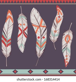 Vector colorful set of ethnic decorative feathers