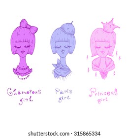 Vector colorful set of fashion girls: Fashionable, Parisian, Princess. On a white background