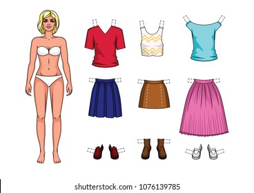 Vector colorful set of fashionable women's outfits isolated from background. Cartoon style girl paper doll with summer clothes