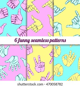 Vector colorful set with funny seamless background in modern style. Can be used for wallpaper, pattern fills, web page, surface textures, textile print, wrapping paper.