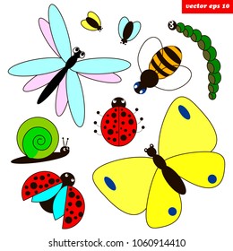Vector colorful set of funny simple flat insects. butterfly, ladybug, caterpillar, snai, drugonfly, fly/ Elements for stickers, coloring book, decoration, kids games.