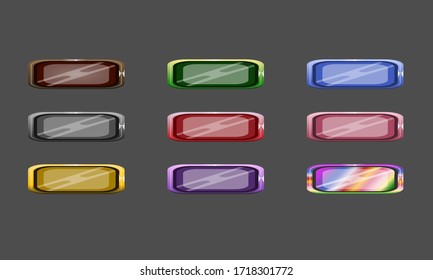 Conjunto de botones y marcos de juego coloridos vectores.Elementos GUI para aplicaciones móviles. Opciones y ventanas de selección, configuración del panel. Interfaz de menú de caricaturas.