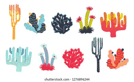 Vector colorful set of Hand drawn stylized floral corals for girls, boys, design. Funny emblems for card and stickers. Fashion style. Colorful bright