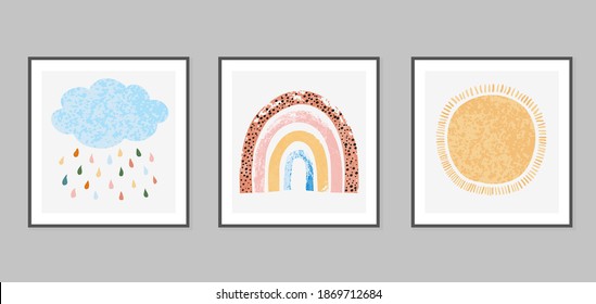 Vector colorful set of hand drawn posters with rainbow, sun and rain cloud in cartoon scandinavian style isolated on white background for kids. For design card, banner, t-shirt print, greeting