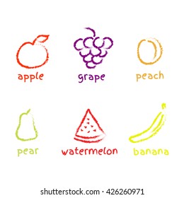 vector colorful set of hand drawn symbols Apple, Grape, Peach, Pear, Watermelon, Banana
