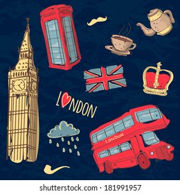 Vector colorful set of hand-drawn London symbols