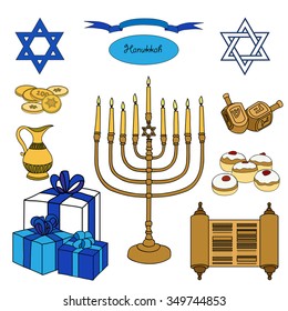 Vector colorful set of Hanukkah objects. Jewish holidays illustration greeting card. 