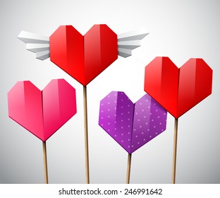 Vector colorful set of hearts, different color bright paper origami hearts on a sticks