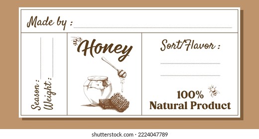 Vector colorful set of honey labels. Front and back labels templates for honey with bee. Home made. Printable template stickers with made by, sort, flavor, weight, season text