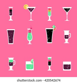 Vector colorful set of icon with shining alcohol drinks 