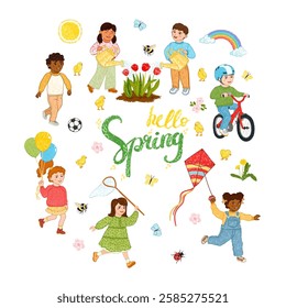 Vector Colorful Set of Illustration of Cute Children Activities in the Spring Isolated on White Background