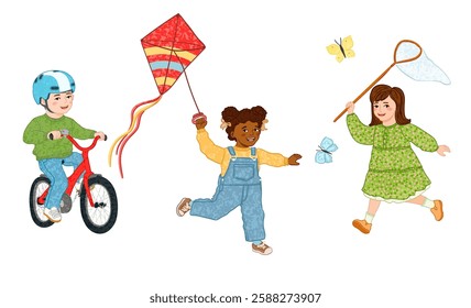 Vector Colorful Set of Illustration of Cute Children Activities in the Spring Isolated on White Background
