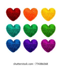 Vector colorful set with illustration fluffy pom-poms in the shape of a heart isolated on white background. Decorative elements for Valentines day design.