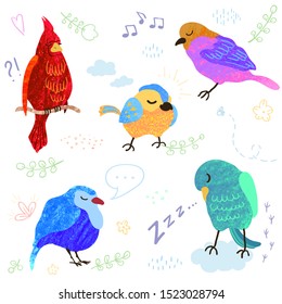 Vector colorful set with illustrations of cute birds isolated on white background. Can be used as elemets for your design for greeting cards, nursery, poster, card, birthday party