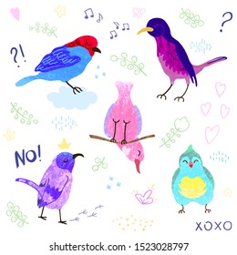 Vector colorful set with illustrations of cute birds isolated on white background. Can be used as elemets for your design for greeting cards, nursery, poster, card, baby t-shirts prints