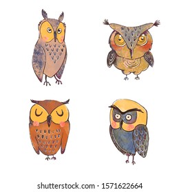 Vector colorful set with illustrations of cute owls isolated on white background. Can be used as elemets for your design for greeting cards, nursery, poster, card, birthday party, packaging paper