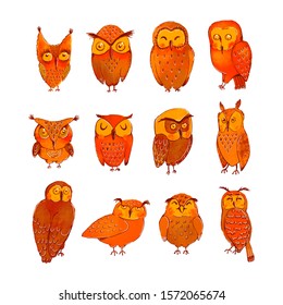 Vector colorful set with illustrations of cute owls isolated on white background. Can be used as elemets for your design for greeting cards, nursery, poster, card, birthday party, packaging paper desi