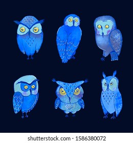 Vector colorful set with illustrations of cute owls in night.