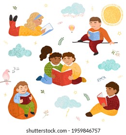 Vector colorful set of illustrations of cute children who read books. Reading bedtime stories. Use it as elements for design greeting card, poster, banner, Social Media post, brochure and other