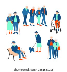 Vector colorful set with illustrations of old people walking