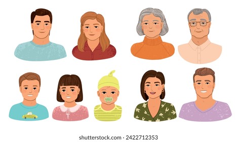 Vector Colorful Set with Illustrations Portraits of Family Isolated on White Background