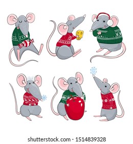 Vector vector colorful set with illustrations of rats wear Christmas sweaters. New year and Christmas characters. Can be used for as elemets for your design for greeting cards, calendars, prints