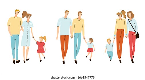 Vector colorful set with illustrations of a young familys, mom dad and their children, daughter, son together walking on the street