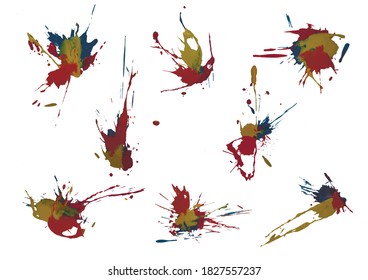 Vector colorful set with ink splash, blot and brush stroke in rainbow colors Grunge textured element for design, background.