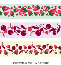 Colorido vector conjunto de líneas ornamentales aisladas de cerezas y fresas. Diseño de frutas coloridas. El diseño es perfecto para invitaciones, tarjetas, postales, viñetas, logotipos, insignias.