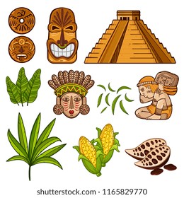 Vector colorful set of Maya civilization objects with masks and temple and agricultural products isolated on white background