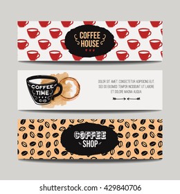 Vector colorful set of modern banners with coffee backgrounds. Trendy hipster templates for flyers, posters, invitations, restaurant or cafe menu design. 