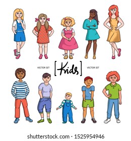 Vector colorful set of multiracial children in different poses. Cartoon characters of children on white background. Isolated sketches