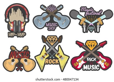Vector colorful set of music theme emblems. Isolated badges, logos, banners or stickers with guitars, microphones and headphones in vintage style on white background