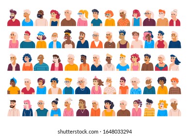 Vector colorful set on the theme of people. Cartoon male ana female avatars. Portraits of young and old women and men. Characters for use in design