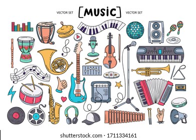 Vector colorful set on the theme of music. Isolated cartoon doodles of musical instruments and symbols on white background. Line art