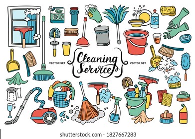 Vector colorful set on the theme of cleaning services, putting things in order, purity. Cartoon doodles for use in design. Hand drawn illustration