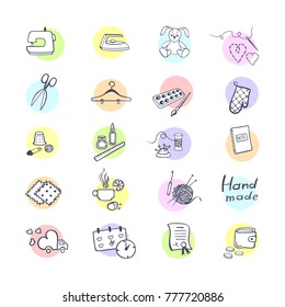 Vector colorful set with outline icon of sewing equipment and needlework