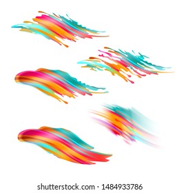 Vector colorful set of paint brushstrokes or splashes. Abstract curly oil or acrylic  stains and spots. For cards, invitations, fabrics, wallpapers, template for design and decoration.
