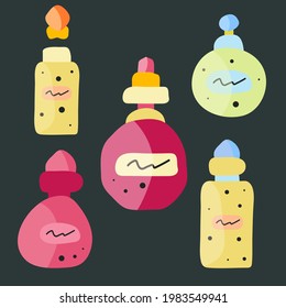 Juego de botellas de perfume colorido vector