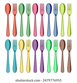 vector colorful set of plastic spoons and fork icons isolated on white background