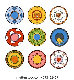 Vector colorful set of plates with various patterns. Nine cute plates with animals and geometric ornaments