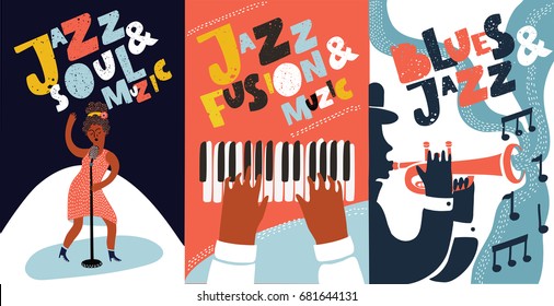 Vector colorful set of poster with hand drawn illustration with singer and Hand drawn lettering Jazz, Soul, Fusion, Music live. Singer, piano, trumpet players
