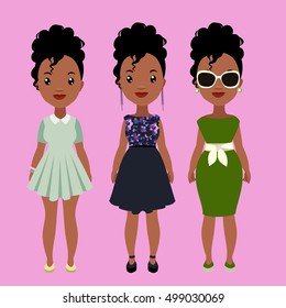 Vector colorful set of pretty stylish african girls in fashionable clothes